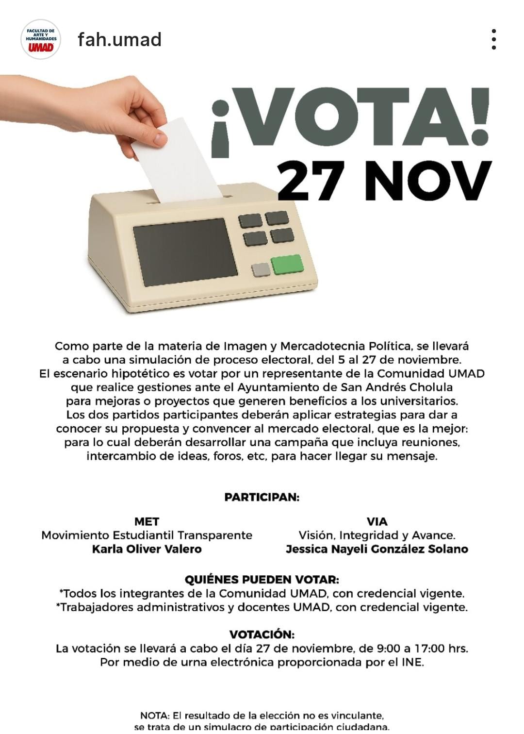 UMAD inicia proceso electoral universitario simulado.